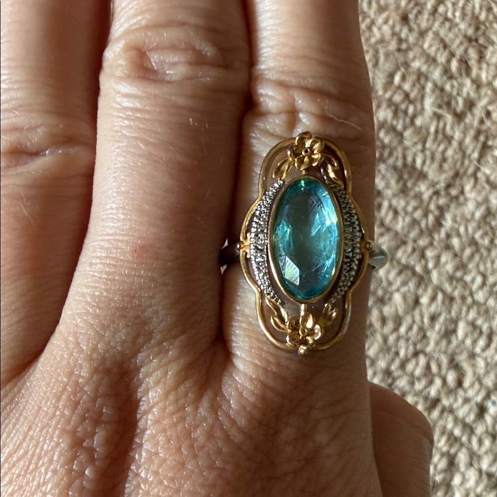 Sterling silver Gold over lay Blue Oval Glass Stone Statement Ring size 9